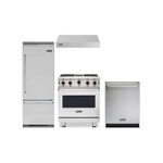 Viking 4-Piece Kitchen Package with VGIC53024BSS 30″ Gas Range, VWH3010SS 30″ Wall Hood, VDWU524SS 24″ Dishwasher and VCFB5363RSS 36″ Column Freezer