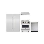 Viking 5-Piece Kitchen Package with VGIC53024BSS 30 inch Gas Range, VWH3010SS 30 inch Wall Hood, VDWU524SS 24 inch Dishwasher, FRI7240WR 24 inch Refrigerator, FFI7240WL 24 inch Freezer, 2x VICDP24SS Stainless Steel Panels