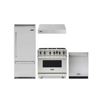 Viking 4-Piece Kitchen Package with VGIC53626BSS 36″ Gas Range, VWH3610SS 36″ Wall Hood, VDWU524SS 24″ Dishwasher and VCBB5363ERSS 36″ Refrigerator