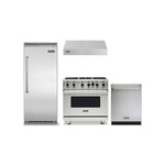 Viking 4-Piece Kitchen Package with VGIC53626BSS 36 inch Gas Range, VWH3610SS 36 inch Wall Hood, VDWU524SS 24 inch Dishwasher and VCRB5303RSS 30 inch Refrigerator