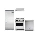 Viking 4-Piece Kitchen Package with VGR5304BSS 30″ Gas Range, VWH3010SS 30″ Wall Hood, VDWU524SS 24″ Dishwasher and VCFB5303RSS 30″ Refrigerator