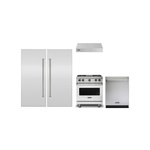 Viking 5-Piece Kitchen Package with VGR5304BSS 30 inch Gas Range, VWH3010SS 30 inch Wall Hood, VDWU524SS 24 inch Dishwasher, FRI7300WR 30 inch Refrigerator, FFI7300WL 30 inch Freezer and 2x VICDP30SS Stainless Steel Panels