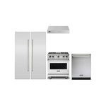 Viking 5-Piece Kitchen Package with VGR5304BSS 30 inch Gas Range, VWH3010SS 30 inch Wall Hood, VDWU524SS 24 inch Dishwasher, FRI7240WR 24 inch Refrigerator, FFI7240WL 24 inch Freezer, 2x VICDP24SS Stainless Steel Panels