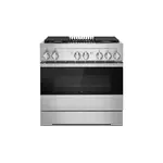 JennAir JDRP636HM 36" NOIR Dual Fuel Professional Range with 5.1 cu. ft. Oven Capacity, 4 Burners, Grill, Remote Access, Glide Racks, Cast Iron Grates, Cinematic Oven Lighting, and Sabbath Mode in Stainless Steel