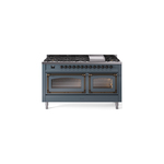 ILVE UN60FNMPBGB Nostalgie II Noblesse 60" Dual Fuel Range      (9 Sealed Burners + Griddle, Natural Gas, Triple Glass Door, Blue Grey, Burnished)