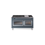 ILVE UN60FNMPBGCLP Nostalgie II Noblesse 60" Dual Fuel Range      (9 Sealed Burners + Griddle, Liquid Propane, Triple Glass Door, Blue Grey, Chrome)