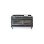 ILVE UN60FNMPBGGLP Nostalgie II Noblesse 60 inch Dual Fuel Range   (9 Sealed Burners + Griddle, Liquid Propane, Triple Glass Door, Blue Grey, Brass)