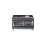 ILVE UN60FNMPBGPLP Nostalgie II Noblesse 60 inch Dual Fuel Range   (9 Sealed Burners + Griddle, Liquid Propane, Triple Glass Door, Blue Grey, Copper)