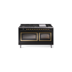 ILVE UN60FNMPBKGLP Nostalgie II Noblesse 60 inch Dual Fuel Range   (9 Sealed Burners + Griddle, Liquid Propane, Triple Glass Door, Glossy Black, Brass)