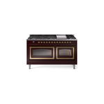 ILVE UN60FNMPBUGLP Nostalgie II Noblesse 60 inch Dual Fuel Range   (9 Sealed Burners + Griddle, Liquid Propane, Triple Glass Door, Burgundy, Brass)