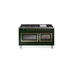 ILVE UN60FNMPEGGLP Nostalgie II Noblesse 60 inch Dual Fuel Range   (9 Sealed Burners + Griddle, Liquid Propane, Triple Glass Door, Emerald Green, Brass)