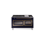 ILVE UN60FNMPMBGLP Nostalgie II Noblesse 60 inch Dual Fuel Range   (9 Sealed Burners + Griddle, Liquid Propane, Triple Glass Door, Midnight Blue, Brass)