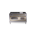 ILVE UN60FNMPSSGLP Nostalgie II Noblesse 60 inch Dual Fuel Range   (9 Sealed Burners + Griddle, Liquid Propane, Triple Glass Door, Stainless Steel, Brass)