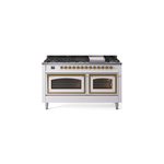 ILVE UN60FNMPWHGLP Nostalgie II Noblesse 60 inch Dual Fuel Range   (9 Sealed Burners + Griddle, Liquid Propane, Triple Glass Door, White, Brass)