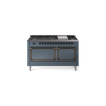 ILVE UN60FQNMPBGBLP Nostalgie II Noblesse 60" Dual Fuel Range      (9 Sealed Burners + Griddle, Liquid Propane, Solid Door, Blue Grey, Burnished)