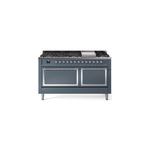 ILVE UN60FQNMPBGCLP Nostalgie II Noblesse 60" Dual Fuel Range      (9 Sealed Burners + Griddle, Liquid Propane, Solid Door, Blue Grey, Chrome)