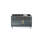 ILVE UN60FQNMPBGGLP Nostalgie II Noblesse 60" Dual Fuel Range      (9 Sealed Burners + Griddle, Liquid Propane, Solid Door, Blue Grey, Brass)