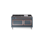 ILVE UN60FQNMPBGPLP Nostalgie II Noblesse 60" Dual Fuel Range      (9 Sealed Burners + Griddle, Liquid Propane, Solid Door, Blue Grey, Copper)