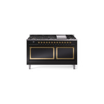 ILVE UN60FQNMPBKG Nostalgie II Noblesse 60 inch Dual Fuel Range   (9 Sealed Burners + Griddle, Natural Gas, Solid Door, Glossy Black, Brass)