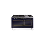 ILVE UN60FQNMPMBBLP Nostalgie II Noblesse 60 inch Dual Fuel Range   (9 Sealed Burners + Griddle, Liquid Propane, Solid Door, Midnight Blue, Burnished)