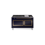 ILVE UN60FQNMPMBGLP Nostalgie II Noblesse 60 inch Dual Fuel Range   (9 Sealed Burners + Griddle, Liquid Propane, Solid Door, Midnight Blue, Brass)