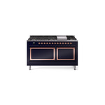 ILVE UN60FQNMPMBPLP Nostalgie II Noblesse 60 inch Dual Fuel Range   (9 Sealed Burners + Griddle, Liquid Propane, Solid Door, Midnight Blue, Copper)