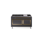 ILVE UN60FQNMPMGGLP Nostalgie II Noblesse 60 inch Dual Fuel Range   (9 Sealed Burners + Griddle, Liquid Propane, Solid Door, Graphite Matte, Brass)