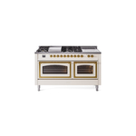 ILVE UN60FSNMPAWGLP Nostalgie II Noblesse 60 inch Dual Fuel Range   (7 Sealed Burners + Griddle + French Top, Liquid Propane, Triple Glass Door, Antique White, Brass)