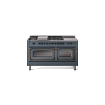 ILVE UN60FSNMPBGBLP Nostalgie II Noblesse 60" Dual Fuel Range      (7 Sealed Burners + Griddle + French Top, Liquid Propane, Triple Glass Door, Blue Grey, Burnished)