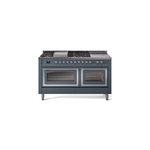 ILVE UN60FSNMPBGCLP Nostalgie II Noblesse 60 inch Dual Fuel Range   (7 Sealed Burners + Griddle + French Top, Liquid Propane, Triple Glass Door, Blue Grey, Chrome)