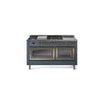 ILVE UN60FSNMPBGGLP Nostalgie II Noblesse 60" Dual Fuel Range      (7 Sealed Burners + Griddle + French Top, Liquid Propane, Triple Glass Door, Blue Grey, Brass)