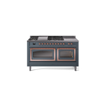 ILVE UN60FSNMPBGPLP Nostalgie II Noblesse 60" Dual Fuel Range      (7 Sealed Burners + Griddle + French Top, Liquid Propane, Triple Glass Door, Blue Grey, Copper)