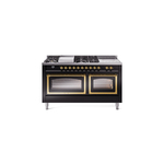 ILVE UN60FSNMPBKGLP Nostalgie II Noblesse 60 inch Dual Fuel Range   (7 Sealed Burners + Griddle + French Top, Liquid Propane, Triple Glass Door, Glossy Black, Brass)