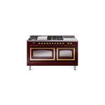 ILVE UN60FSNMPBUGLP Nostalgie II Noblesse 60 inch Dual Fuel Range   (7 Sealed Burners + Griddle + French Top, Liquid Propane, Triple Glass Door, Burgundy, Brass)