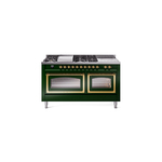 ILVE UN60FSNMPEGGLP Nostalgie II Noblesse 60 inch Dual Fuel Range   (7 Sealed Burners + Griddle + French Top, Liquid Propane, Triple Glass Door, Emerald Green, Brass)