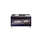 ILVE UN60FSNMPMBGLP Nostalgie II Noblesse 60" Dual Fuel Range      (7 Sealed Burners + Griddle + French Top, Liquid Propane, Triple Glass Door, Midnight Blue, Brass)