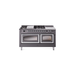 ILVE UN60FSNMPMGCLP Nostalgie II Noblesse 60" Dual Fuel Range      (7 Sealed Burners + Griddle + French Top, Liquid Propane, Triple Glass Door, Graphite Matte, Chrome)