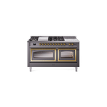 ILVE UN60FSNMPMGGLP Nostalgie II Noblesse 60" Dual Fuel Range      (7 Sealed Burners + Griddle + French Top, Liquid Propane, Triple Glass Door, Graphite Matte, Brass)