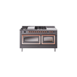 ILVE UN60FSNMPMGPLP Nostalgie II Noblesse 60" Dual Fuel Range      (7 Sealed Burners + Griddle + French Top, Liquid Propane, Triple Glass Door, Graphite Matte, Copper)