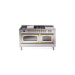 ILVE UN60FSNMPSSGLP Nostalgie II Noblesse 60" Dual Fuel Range      (7 Sealed Burners + Griddle + French Top, Liquid Propane, Triple Glass Door, Stainless Steel, Brass)