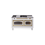 ILVE UN60FSNMPWHG Nostalgie II Noblesse 60" Dual Fuel Range      (7 Sealed Burners + Griddle + French Top, Natural Gas, Triple Glass Door, White, Brass)