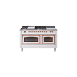 ILVE UN60FSNMPWHPLP Nostalgie II Noblesse 60" Dual Fuel Range      (7 Sealed Burners + Griddle + French Top, Liquid Propane, Triple Glass Door, White, Copper)