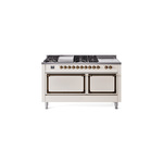 ILVE UN60FSQNMPAWBLP Nostalgie II Noblesse 60" Dual Fuel Range      (7 Sealed Burners + Griddle + French Top, Liquid Propane, Solid Door, Antique White, Burnished)