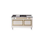 ILVE UN60FSQNMPAWGLP Nostalgie II Noblesse 60" Dual Fuel Range      (7 Sealed Burners + Griddle + French Top, Liquid Propane, Solid Door, Antique White, Brass)