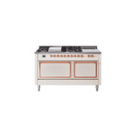 ILVE UN60FSQNMPAWP Nostalgie II Noblesse 60" Dual Fuel Range      (7 Sealed Burners + Griddle + French Top, Natural Gas, Solid Door, Antique White, Copper)