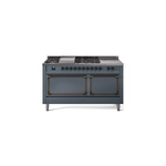 ILVE UN60FSQNMPBGB Nostalgie II Noblesse 60" Dual Fuel Range      (7 Sealed Burners + Griddle + French Top, Natural Gas, Solid Door, Blue Grey, Burnished)