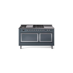 ILVE UN60FSQNMPBGCLP Nostalgie II Noblesse 60" Dual Fuel Range      (7 Sealed Burners + Griddle + French Top, Liquid Propane, Solid Door, Blue Grey, Chrome)