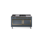 ILVE UN60FSQNMPBGGLP Nostalgie II Noblesse 60" Dual Fuel Range      (7 Sealed Burners + Griddle + French Top, Liquid Propane, Solid Door, Blue Grey, Brass)