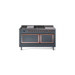 ILVE UN60FSQNMPBGPLP Nostalgie II Noblesse 60" Dual Fuel Range      (7 Sealed Burners + Griddle + French Top, Liquid Propane, Solid Door, Blue Grey, Copper)