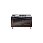 ILVE UN60FSQNMPBKBLP Nostalgie II Noblesse 60" Dual Fuel Range      (7 Sealed Burners + Griddle + French Top, Liquid Propane, Solid Door, Glossy Black, Burnished)